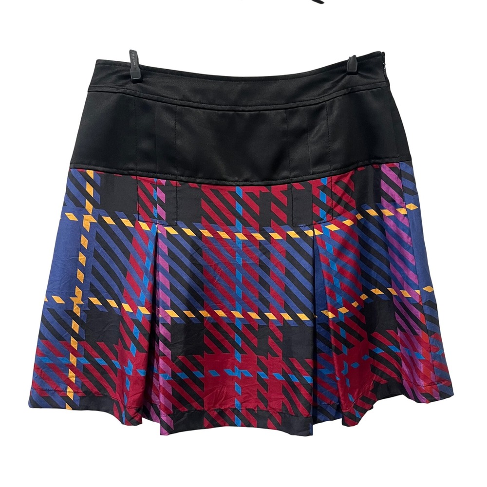 Francis Pleated Plaid Silk Mini Skirt Women's 8 Black Colorful Artsy Eclectic